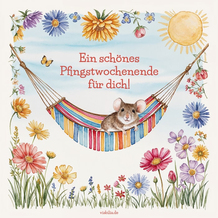 Ein schönes Pfingstwochenende für dich, Bild mit Maus, die in Hängematte liegt