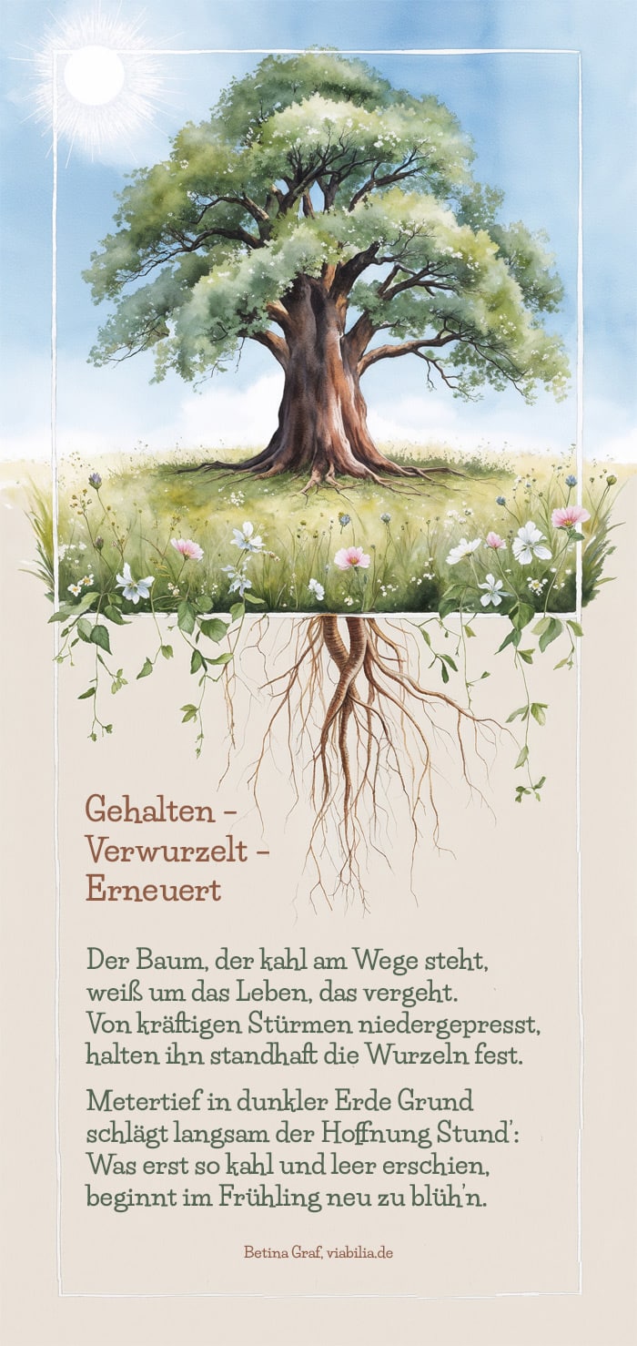 Gedicht zum Karfreitag: gehalten, verwurzelt, erneuert mit Bild von einem Baum