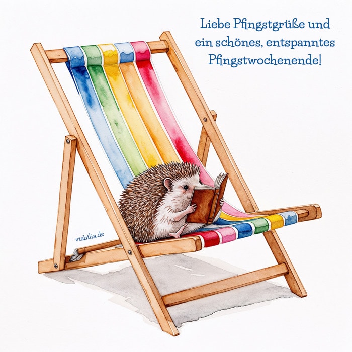 Liebe Pfingstgrüße und ein schönes, entspanntes Pfingstwochenende mit lustigem Bild, auf dem ein Igel in einem Sonnenstuhl ein Buch liest