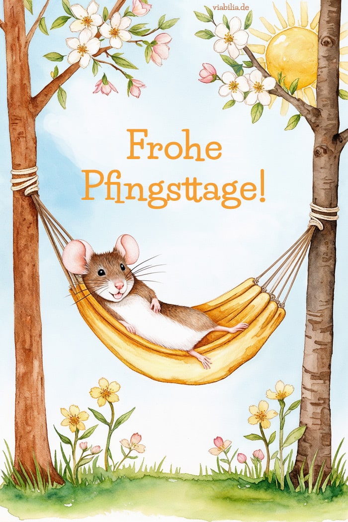 Lustiges Bild mit Maus in Hängematte: Frohe Pfingsttage wünschen