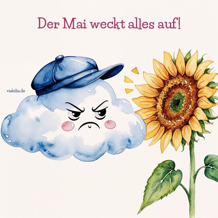 Lustiges Bild: Der Mai weckt alles auf, auf dem Bild eine grummelige Wolke, die von einer Sonnenblume wachgekitzelt wird