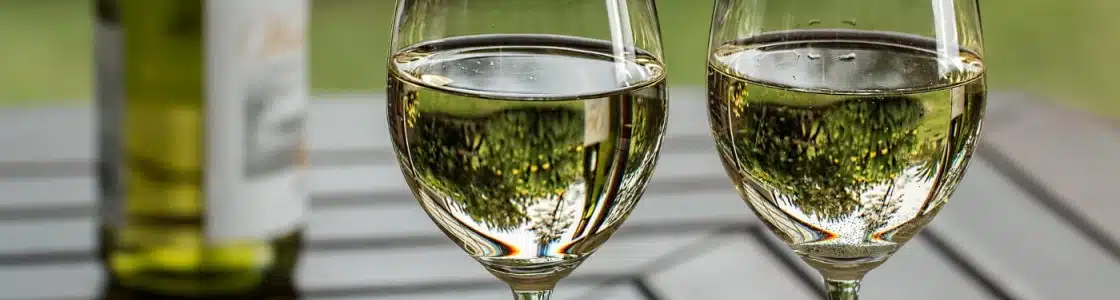 zwei Weingläser mit Wein, Flasche im Hintergrund